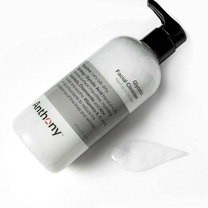 Anthony Glycolic Facial Cleanser for Men, Daily Exfoliating & Hydrating Face Wash, Shave Prep, Non-Foaming, Deep Cleansing, Gentle on Sensitive Skin, Removes Dirt & Oil, Smooths Texture, 16 Fl Oz-GlimoraGlow