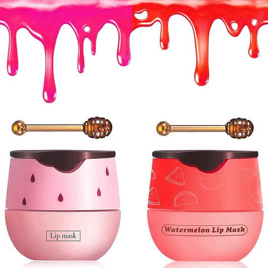 2 PCS Bee Lip Balm Honey Pot, Watermelon & Strawberry Sleeping Lip Mask Overnight, Hydrating Prevention Dry and Cracked Lip Scrub, Reduces Lip Lines, Brightening Lip Color-GlimoraGlow