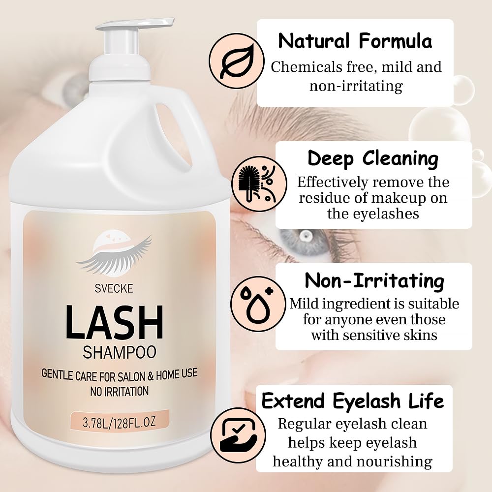 Eyelash Shampoo, 128 fl.oz/3.78L, with 50 Lash Extension Aftercare Cards, Foaming Cleanser for Professional Salon and Home Use-GlimoraGlow