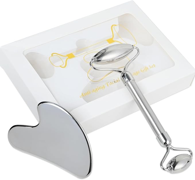 ONLYSKY BEAUTY Face Roller Gua-Sha Set Facial Roller kit for Face Skincare, Stainless-Steel Stone Sculpting Tool, Massager Roller for Skin Care,Gift for Men and Women-GlimoraGlow
