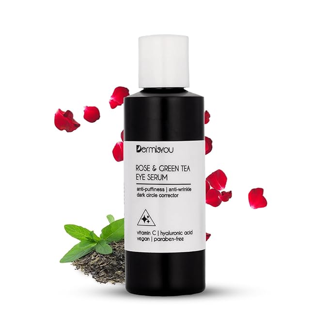 Eye Serum Anti Aging Rose and Green Tea 1.33 OZ with Hyaluronic Acid, Vitamin C and E Anti Puffiness, Anti Wrinkle, Dark Circles Skin Care Products (PACKAGING MAY VARY)-GlimoraGlow