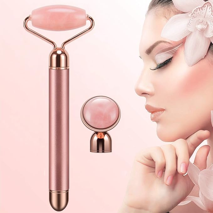 2-IN-1 Electric Jade Roller Massager Facial Roller & Face Massager, Rose Quartz-GlimoraGlow