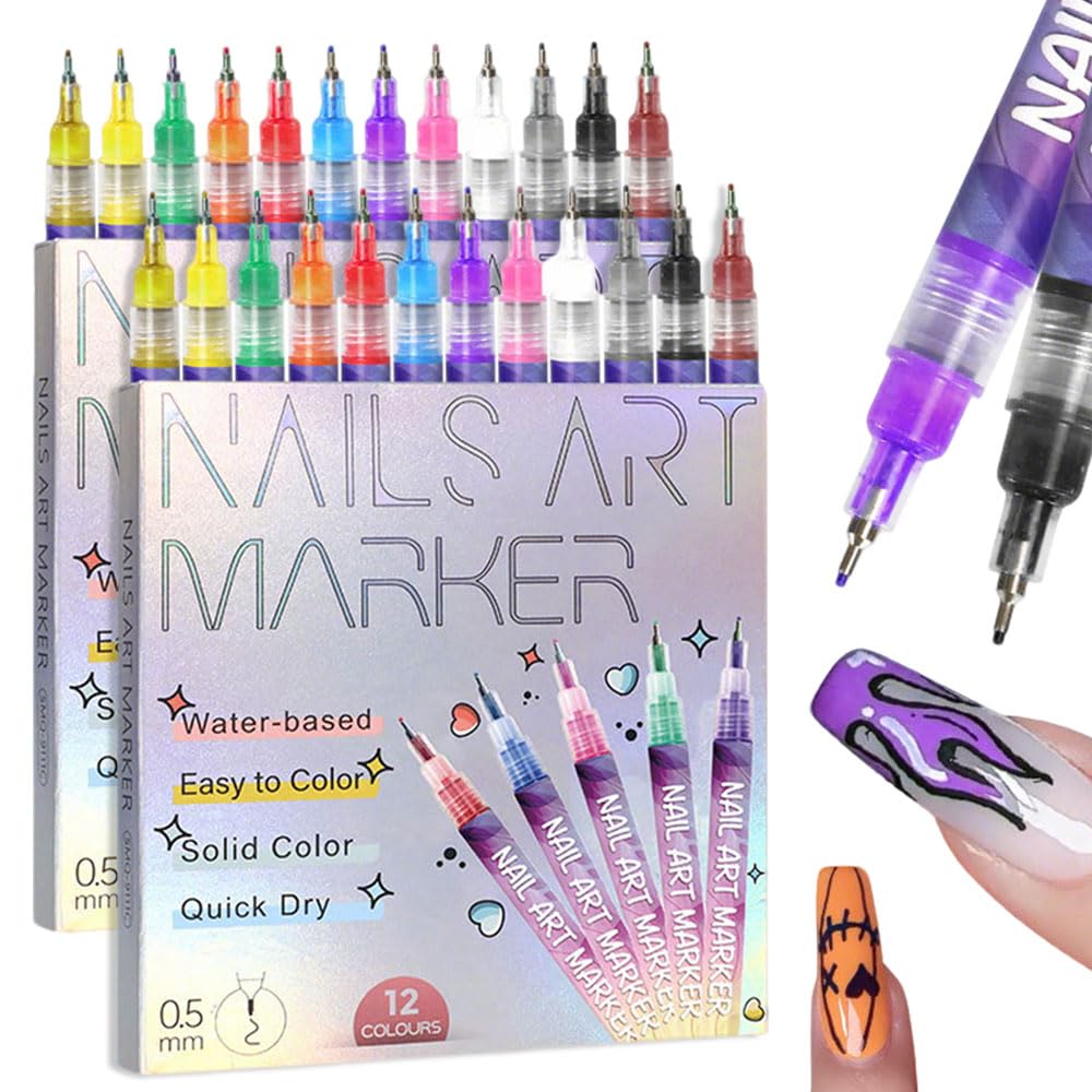 12 Colors Nail Art Pens Set, 2025 Upgrade Nail Art Markers for Gel Nails, 3D Nail Polish Pens, Drawing Painting Point Dotting Pen Acrylic Paint Marker for DIY Nails Art Manicure Tools (2 Set)-GlimoraGlow