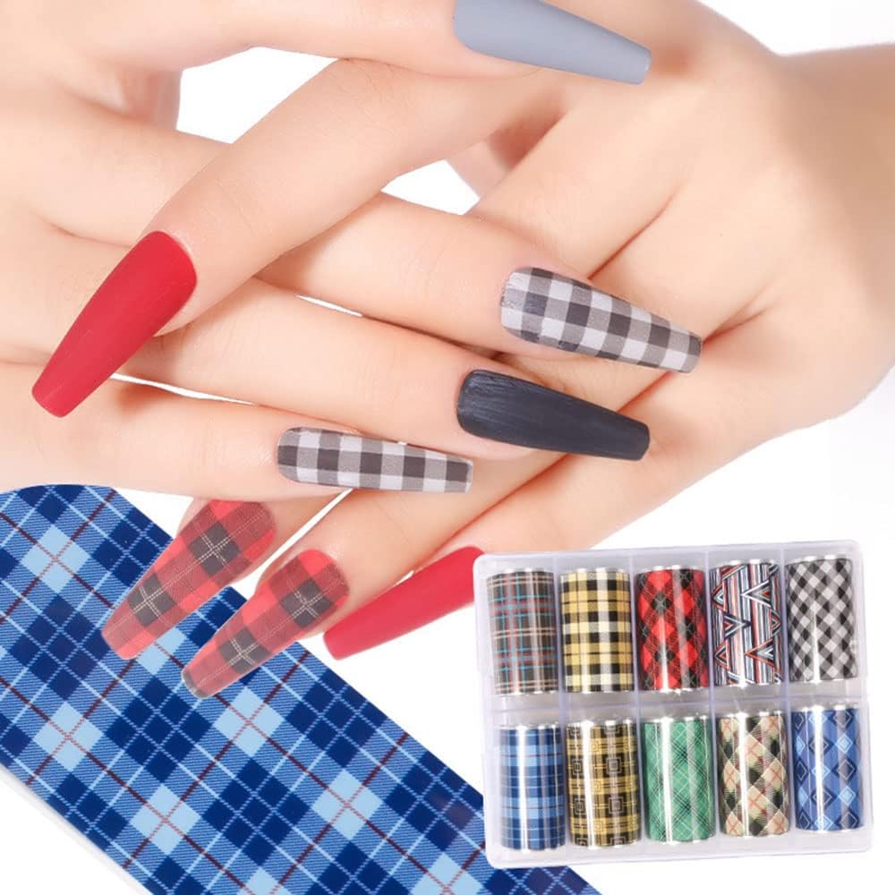 10 Colors Buffalo Plaid Nail Art Foils Christmas Nail Transfer Stickers Supplies Buffalo Plaid Design Nail Decal Tips Wraps Adhesive Glitters Acrylic DIY Nail Decoration-GlimoraGlow