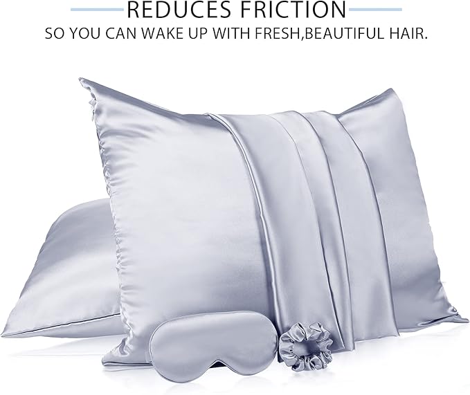 2 Pack Satin Pillowcase with Latent Zipper, Adjustable Satin Eye Mask for Sleeping and Satin Volume Scrunchie for Hair and Skin, Standard Size (Silver,Classic Style)-GlimoraGlow