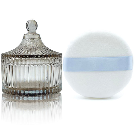 Ultra Soft Powder Puff and Container 3.3" High Density Velvet Dusting Washable Reusable Powder Puff,Body Powder Puff and Glass Jar Holder Loose Powder Box with Puff for Face Makeup(Tawny)-GlimoraGlow