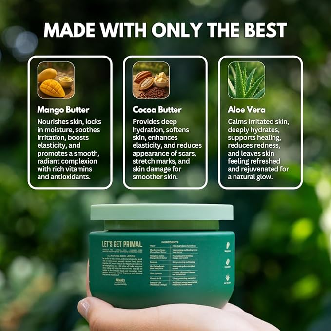 PRIMALS All Natural Body Lotion - Cocoa Butter & Mango Butter - 100% Naturally Derived Ingredients - Alcohol Free, Artificial Fragrance Free, Paraben Free, Petroleum Derivative Free - 8.45 oz-GlimoraGlow