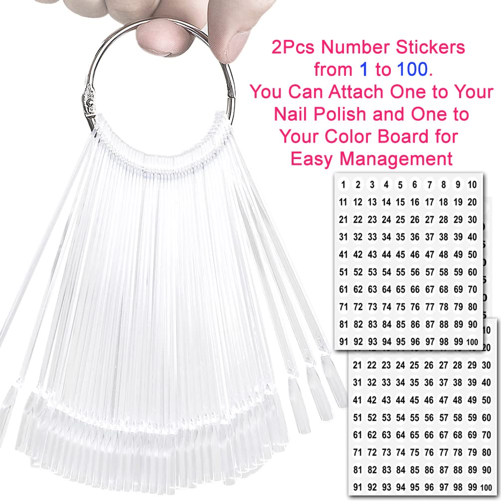 JASSINS 100 Pcs Clear Fan-shaped False Nail Swatch Sticks Nail Polish Practice Display Art Tips Nail Sample Sticks With Metal Split Ring-GlimoraGlow