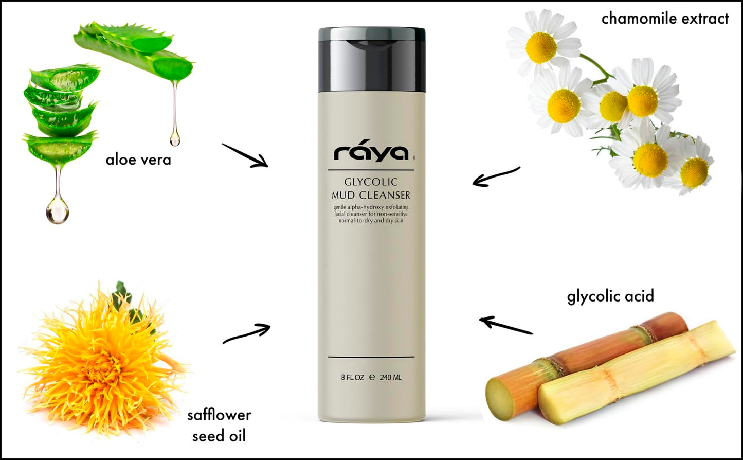 Raya Glycolic Mud Facial Cleanser with AHA 8 oz (G-103) | Exfoliating pH Balanced Facial Cleansing Fluid for Non Sensitive, Dry and Combination Skin | Made with Alpha Hydroxy Acid and Volcanic Mud-GlimoraGlow