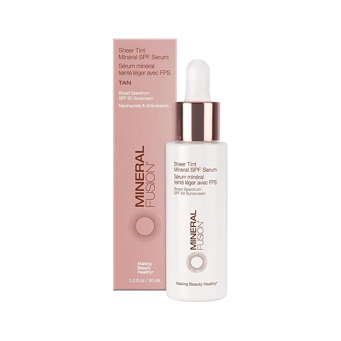 Mineral Fusion Face Serum, Sheer Tint Mineral SPF Serum, 1 Fl Oz, Tan, Tinted Broad Spectrum SPF 50 Mineral Sunscreen, Sheer Coverage, Lightweight & Dewy Finish for Glowing, Protected Skin-GlimoraGlow