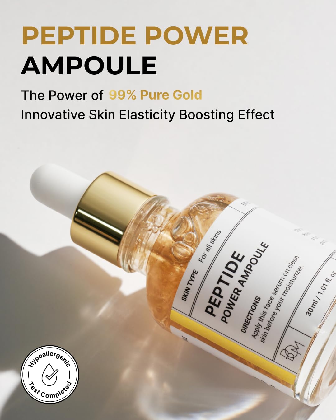 BOM COSMETICS Peptide Power Ampoule 1.01 Fl Oz, Penta-Peptide with 24k Gold Thread and 99% Pure Gold for Skin Collagen Boost, Firming Serum to Improve Elasticity and Radiance, Korean Skin Care-GlimoraGlow