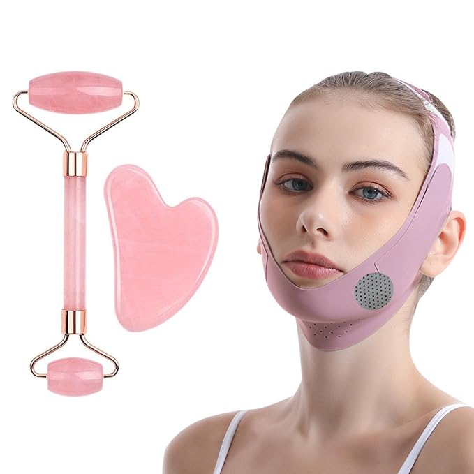 Gua Sha Facial Tools - Jade Roller for Face Beauty Gift Sets Reduces Puffiness, Sleep Mask, Face Lifting Double Chin Strap, Skin Care Massage Self Care Gift for Women-GlimoraGlow