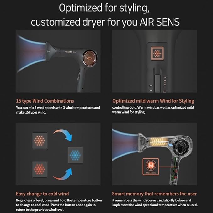 JMW Korean Professional Salon Hair Dryer AIR Sense I 15 Winds-3 Heat X 5 Speed Mix, 2 Nozzles & Dryer Stand, Upgrade BLDC Motor, 100% Cool Shot, Smart Memory, Fast Drying, Quiet and Long-Lasting-GlimoraGlow