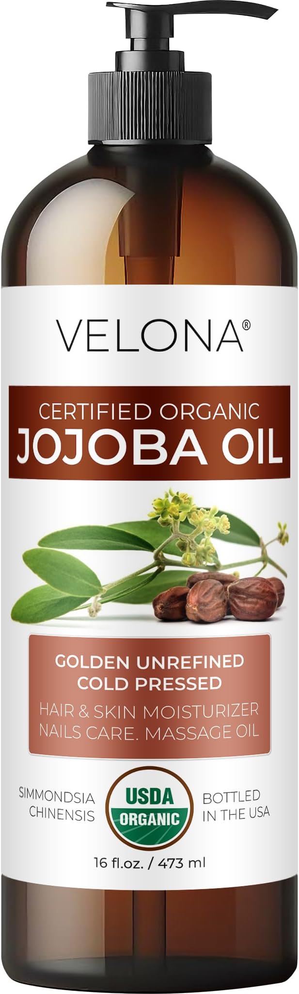velona Jojoba Oil USDA Certified Organic - 16 fl oz (With Pump) | 100% Pure and Natural | Golden, Unrefined, Cold Pressed, Hexane Free | Moisturizing Face, Hair, Body, Skin Care-GlimoraGlow