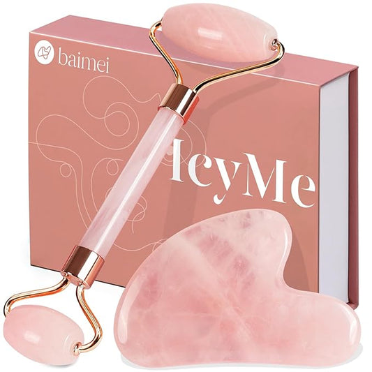 BAIMEI IcyMe Jade Roller & Gua Sha, Face Roller Redness Reducing Skin Care Tools, Self Care Pink Gift for Men Women, Massager for Face, Eyes, Neck, Relieve Fine Lines and Wrinkles - Rose Quartz-GlimoraGlow