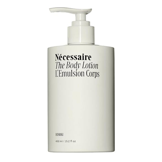 Nécessaire The Body Lotion with Pump. Hinoki. Multi-Peptide Firming Lotion to Moisturize, Firm, Strengthen. 2.5% Niacinamide, Vitamin C/E + Omega 6/9. 450ml / 15.2 fl oz-GlimoraGlow