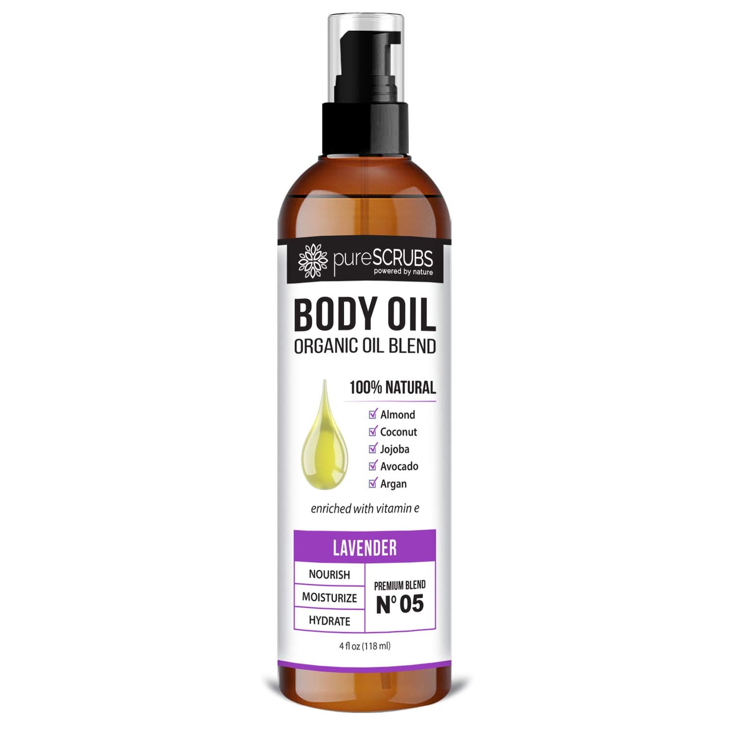 pureSCRUBS Ultra Moisturizing Lavender Body Oil Spray for Dry Skin, Massage, Cuticles & More, Organic Blend of Jojoba, Argan, Coconut, Sweet Almond & Avocado Oils Enriched with Vitamin E, Lg 4oz-GlimoraGlow