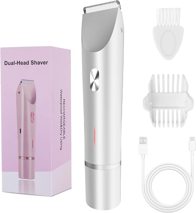 2-in-1 Bikini Trimmer for Women, Bikini Shaver with Dual Heads, Painless Body and Facial Hair Removal, Rechargeable Cordless Electric Razors for Face Chin Pubic Underarm Legs, IPX7 Waterproof, White-GlimoraGlow