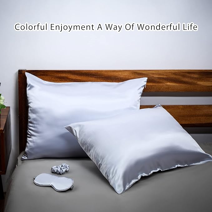 2 Pack Satin Pillowcase with Latent Zipper, Adjustable Satin Eye Mask for Sleeping and Satin Volume Scrunchie for Hair and Skin, Standard Size (Silver,Classic Style)-GlimoraGlow