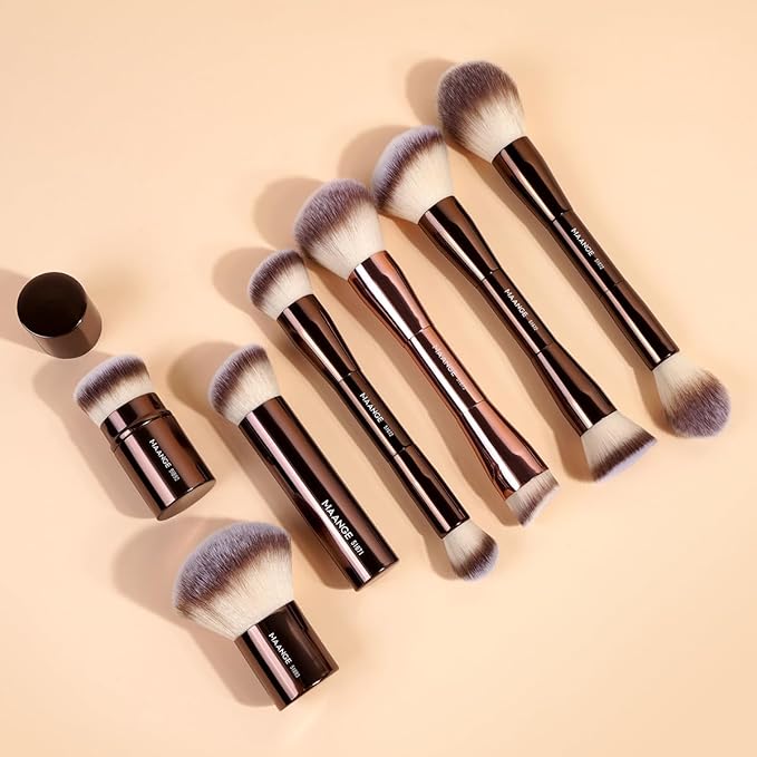 MAANGE 7pcs Makeup Brush Set Double Sided Kabuki Makeup Brushes Contour Brush for Foundation Liquid Powder Concealer Cream Cosmetics Bronzer Blending Blush Buffing Makeup Tools (Coffee)-GlimoraGlow