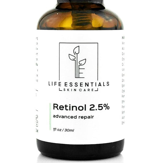 Life Essentials Retinol Serum 2.5% for Wrinkles, Fine Lines, Acne Scars, & Skin Blemishes- Vitamin A + Hyaluronic Acid, Vitamin E, Organic Green Tea, Jojoba Oil - Organic and Natural-GlimoraGlow