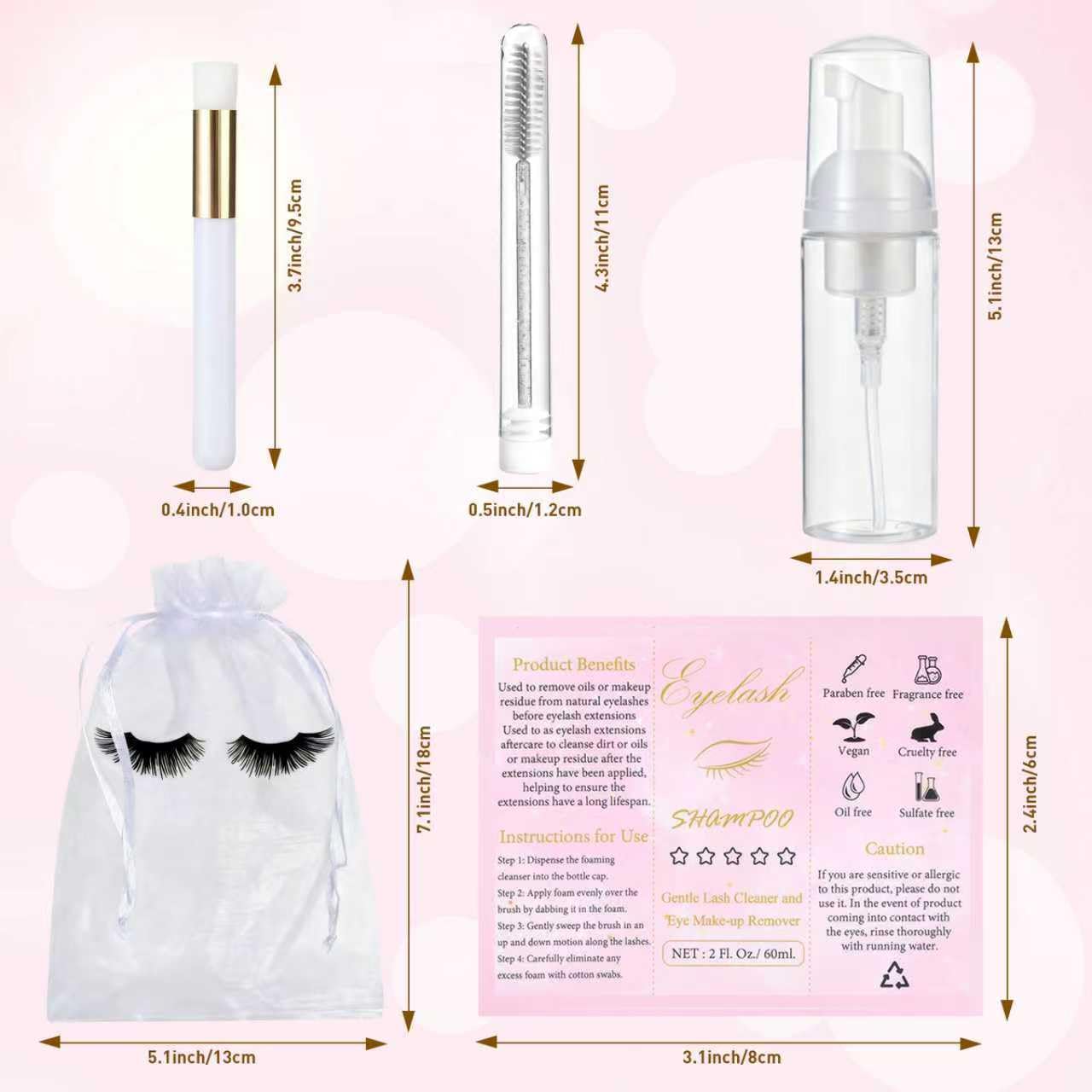 100 Pcs Lash Shampoo Bottle Brushes Set 20 Empty Foam Pump Dispensers 20 Label Stickers 20 Mascara Wands and Tubes 20 Cleansing Brush 20 Bag for Eyelash Extensions Aftercare(White)-GlimoraGlow