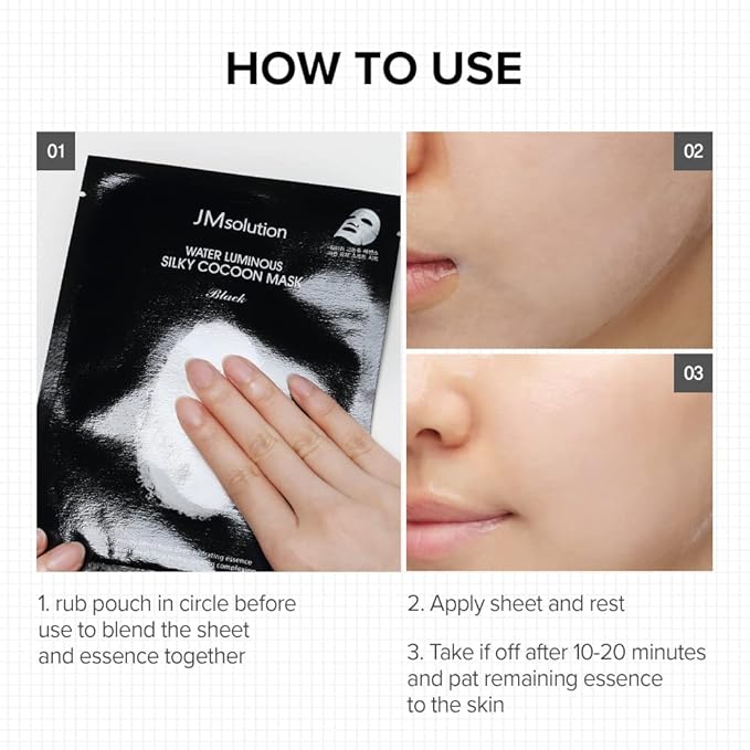 JMsolution Water Luminuous Silky Cocoon Black Mask - Korean Skincare Facial Mask - Silkworm extract amino acid -Nutrition and Moisturization Synergy - 10 sheets for a sensitive skin-GlimoraGlow