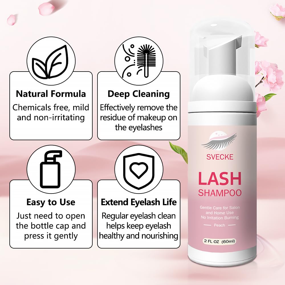 Lash Shampoo Kit Eyelash Extension Cleanser, Eyelash Shampoo for Lash Extensions, Lash Cleaner Eyelid Foam Cleaning Kit for Salon Home Use (Peach)-GlimoraGlow