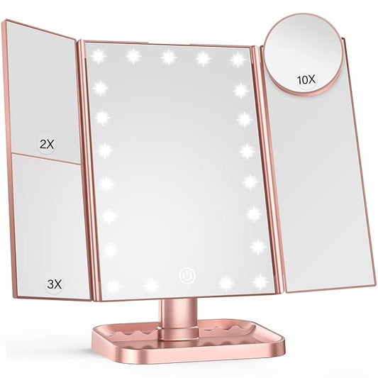 HUONUL Makeup Mirror, 10X 3X 2X Magnification, Lighted Makeup Mirror, Touch Control, Dual Power Supply, Portable LED Mirror, Women Gift (Rose Gold)-GlimoraGlow