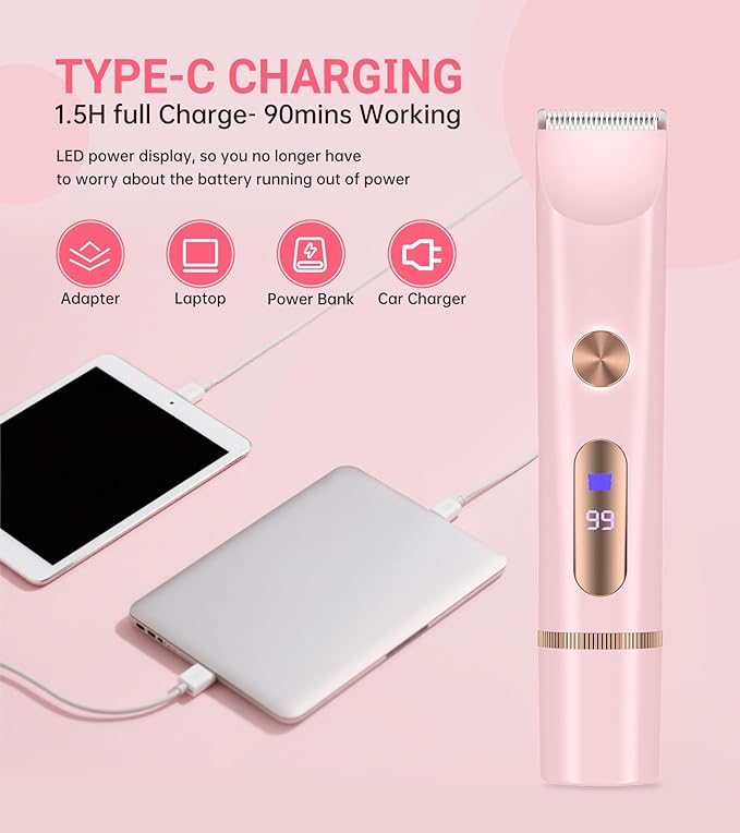 2 in 1 Bikini Trimmer for Women, Dual Head Electric Shaver with LED Display for Body Pubic Hair, IPX7 Waterproof Rechargeable Womens Electric Razor for Armpit Leg Body Facial-GlimoraGlow