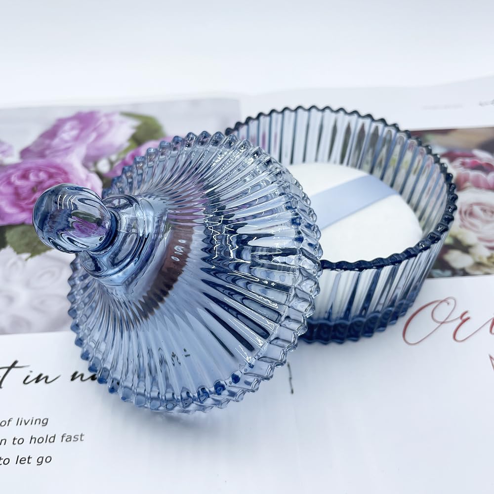 Ultra Soft Powder Puff and Container 3.3" High Density Velvet Dusting Washable Reusable Powder Puff,Body Powder Puff and Glass Jar Holder Loose Powder Box with Puff for Face Makeup(Grey-blue)-GlimoraGlow