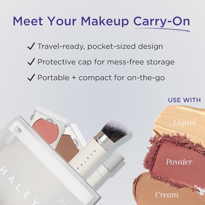 HALEYS Retractable Face Brush, VEGAN Dense, Angled Bristles & Adjustable Sleeve, Portable Makeup Brush for Quick, Easy Streak-Free Blending of Liquids, Creams, Powders, Travel-friendly Mess-Free Cap-GlimoraGlow