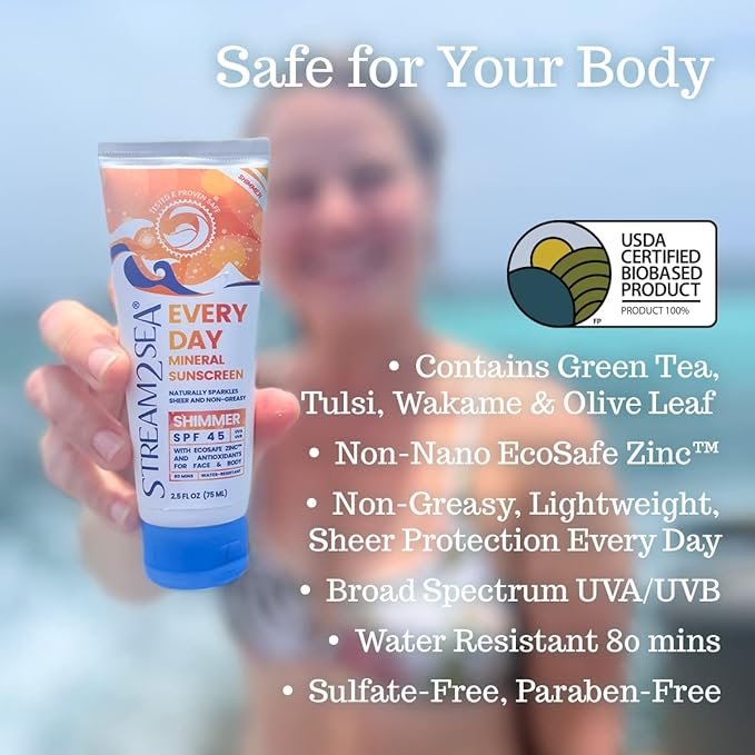 SPF 45 Every Day Shimmer Mineral Sunscreen | 2.5 Fl Oz Biodegradable, Paraben Free & Reef Safe Sunscreen | Non-Greasy, Lightweight & Shimmer Mineral Protection Against UVA & UVB for Face & Body-GlimoraGlow