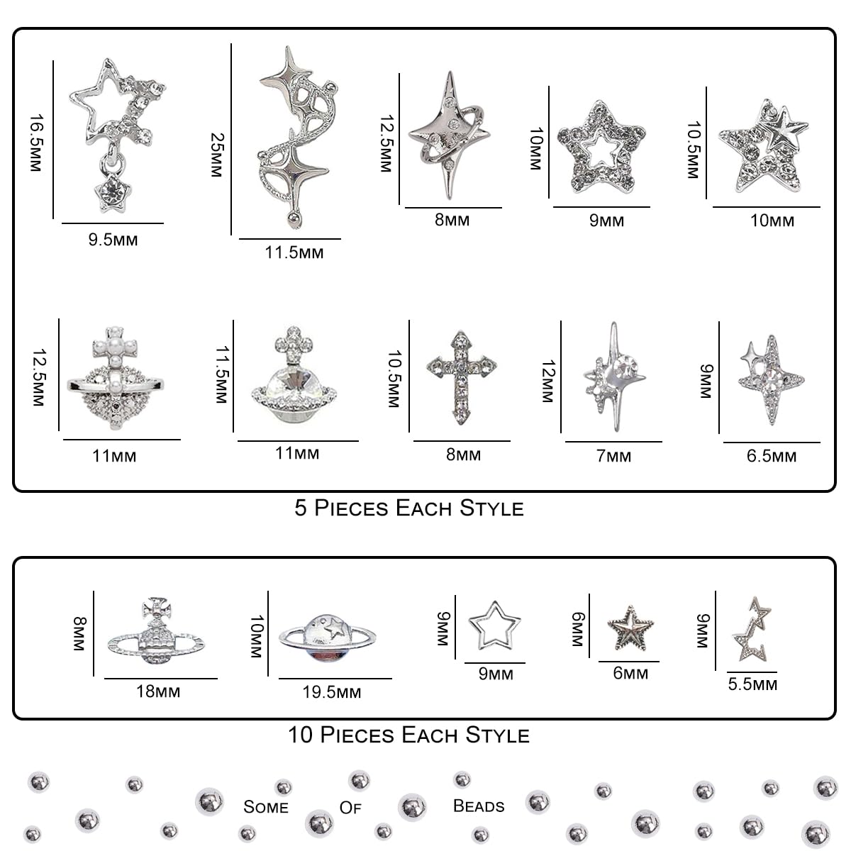 120+ Pcs Star Nail Charms Inlaid Rhinestones Gems, Silver Star Planet Cross Nail Art Decorations Shiny Jewelry for Acrylic Nail Accessories for Women Girl Manicure DlY Crafts Supplies-GlimoraGlow