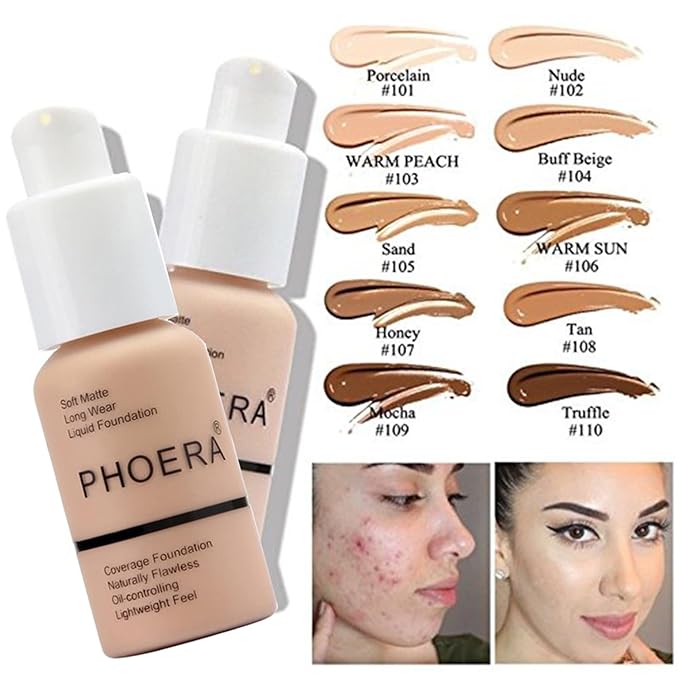 2 Pack PHOERA Foundation Buff Beige 104 and Face Primer,Liquid Full Coverage Foundation Set,Foundation Brush Powder Brush,5 Makeup Sponge,24HR Matte Oil Control Concealer (104- Buff Beige)-GlimoraGlow