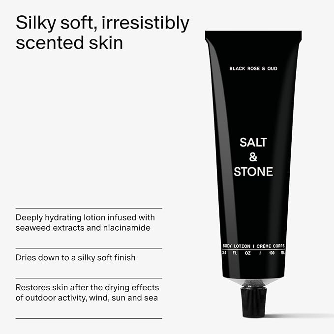 Salt & Stone Body Lotion for Women & Men | Hydrates, Nourishes & Softens Skin | Restores Dry Skin | Fast-Absorbing | Cruelty-Free & Vegan (100 ml) (Black Rose & Oud)-GlimoraGlow
