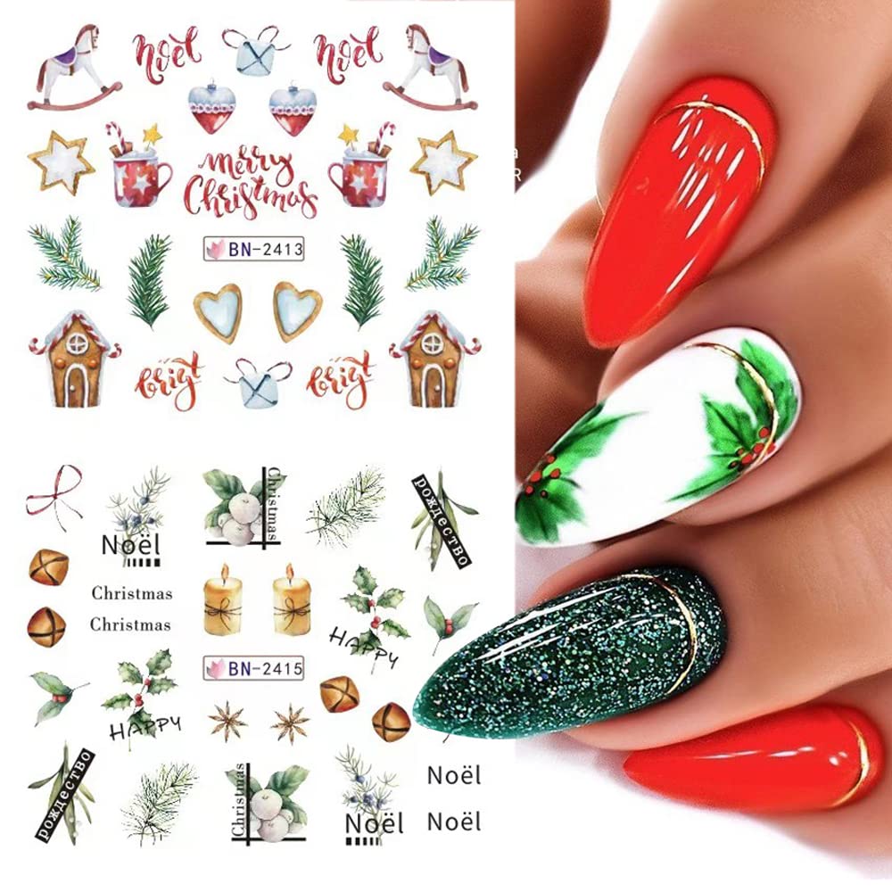 12 Sheets Christmas Nail Art Stickers Snowflake Water Transfer Nail Decals Holographic Gingerbread Man Snow Trees Winter Design Watermark Nail Foils Stickers for Women Xmas Nail Decorations-GlimoraGlow