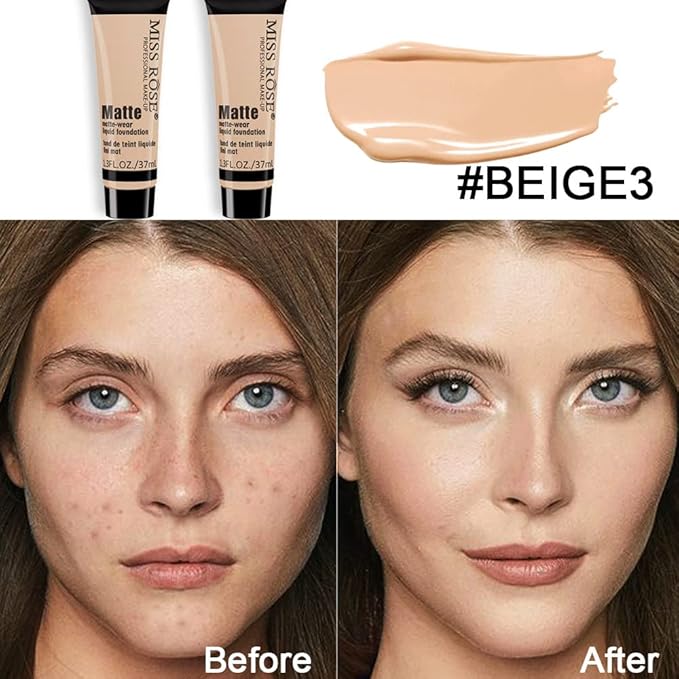 2 Pack Liquid Foundation Cream for Face Makeup,Durable Full Coverage Matte Concealer Make Up,Oil Control & Waterproof Base Primer -1+1 Fl.Oz (BEIGE 3#)-GlimoraGlow