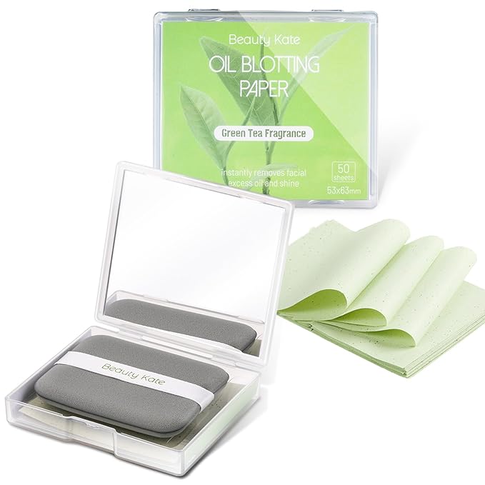 2 Pack Oil Blotting Sheets for Face, Oil Blotting Paper Green Tea Total 100 sheets with Portable Mirror Case & Makeup Puff Makeup Friendly-GlimoraGlow