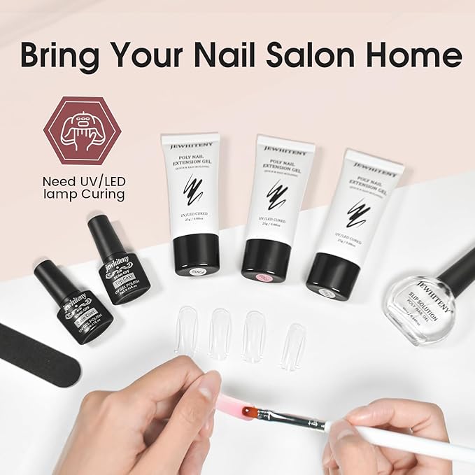 JEWHITENY Poly Extension Gel Nail Set Clear Pink Poly Nail Gel With Slip Solution Base Coat Top Coat French Manicure Need U V Lamp Curing for Finger Art and Home DIY-GlimoraGlow