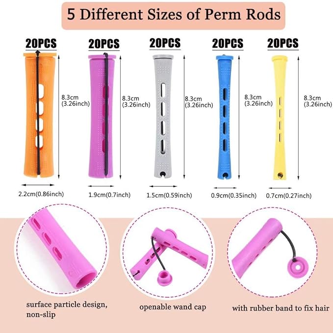 100pcs Perm Rods Set - 5 Sizes Cold Wave Rollers for Natural Curling, Styling and Hairdressing (Orange, Purple, Gray, Blue, Yellow)-GlimoraGlow