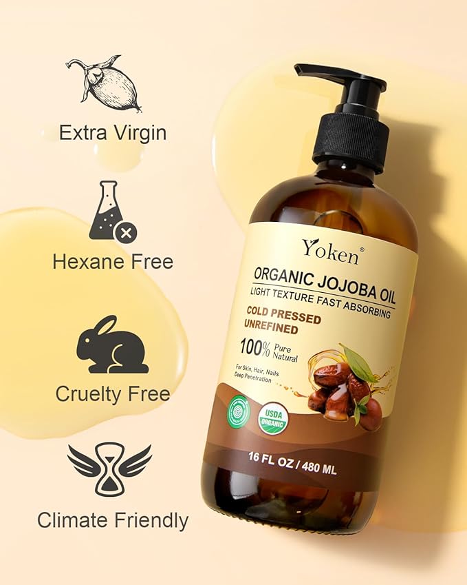 Yoken Organic Jojoba Oil Glass Bottle 16 fl oz, USDA Certified 100% Pure & Natural Jojoba Oil for Hair, Skin & Face, Cold Pressed Unrefined Hexane Free, Deeply Moisturizing Body Serum for Gua Sha-GlimoraGlow
