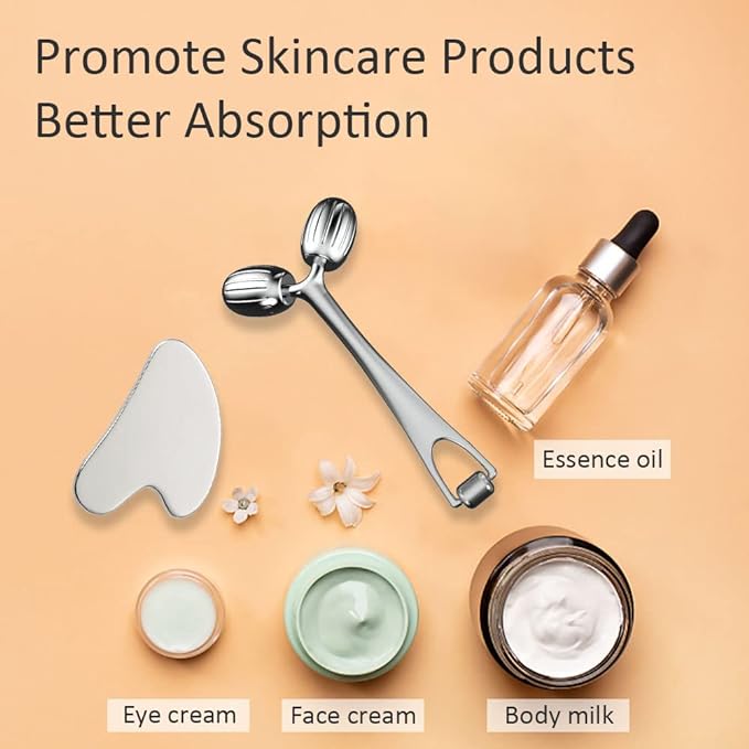 Yeamon Gua Sha Facial Tools and Face Roller Set, Facial Massage Tool for Women’s Skincare Routine,Cooling Stainless Steel Face Sculpting Eyes Roller Guasha for Daily Use or Self-Care Gift for Women-GlimoraGlow