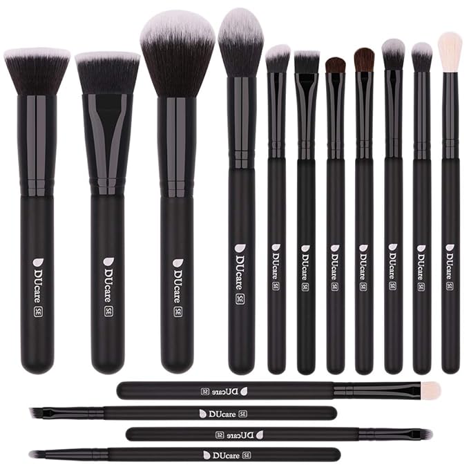 DUcare Makeup Brushes 15Pcs Premium Synthetic Kabuki Makeup Brush Set, Professional Foundation Concealers Powder Blush Blending Face Eye Shadows Black Brush Sets-GlimoraGlow