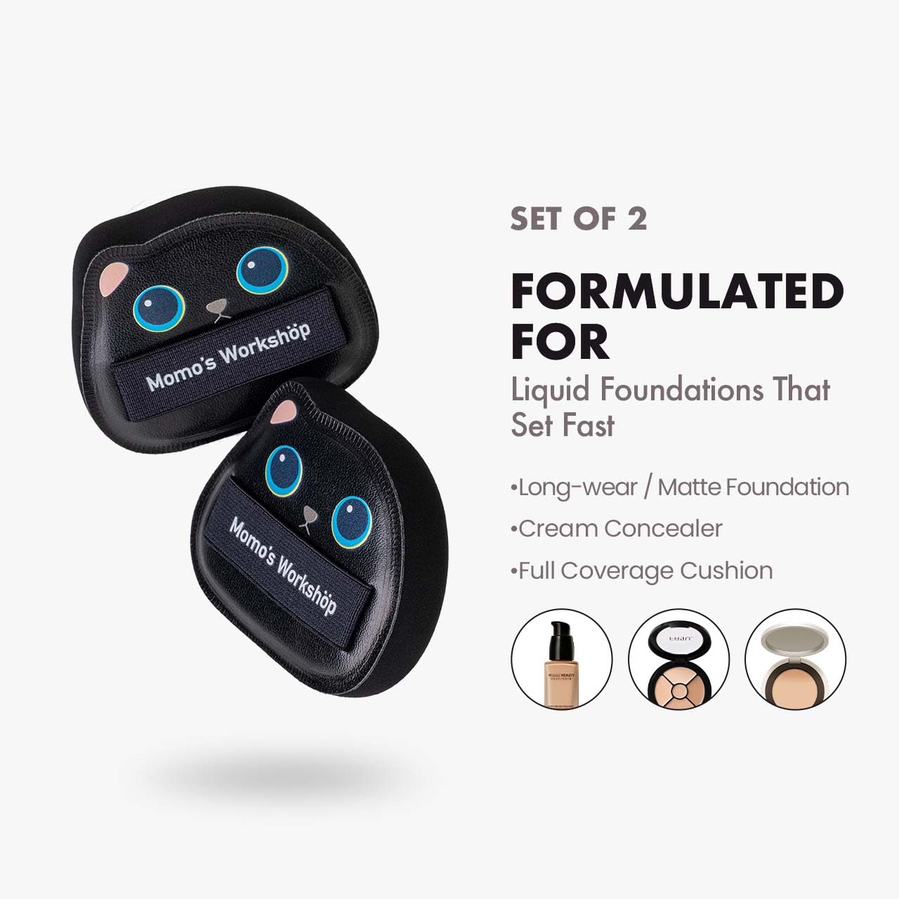 Black Cat Toto Airy Marshmallow Puff,Makeup Sponge,Rubycell Material,Pointed Tip for Concealer + Flat Side for Foundation, Longwear Makeup, Travel Friendly & Reusable,2pcs Puffs & Storage Case-GlimoraGlow