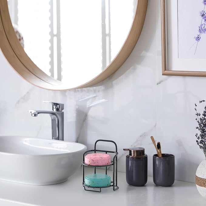 2-Tier Shower Soap Shampoo Bar Holder, Self Adhesive & Freestanding Draining Soap Dish Caddy for Bathroom Wall Accesories Decor Black-GlimoraGlow