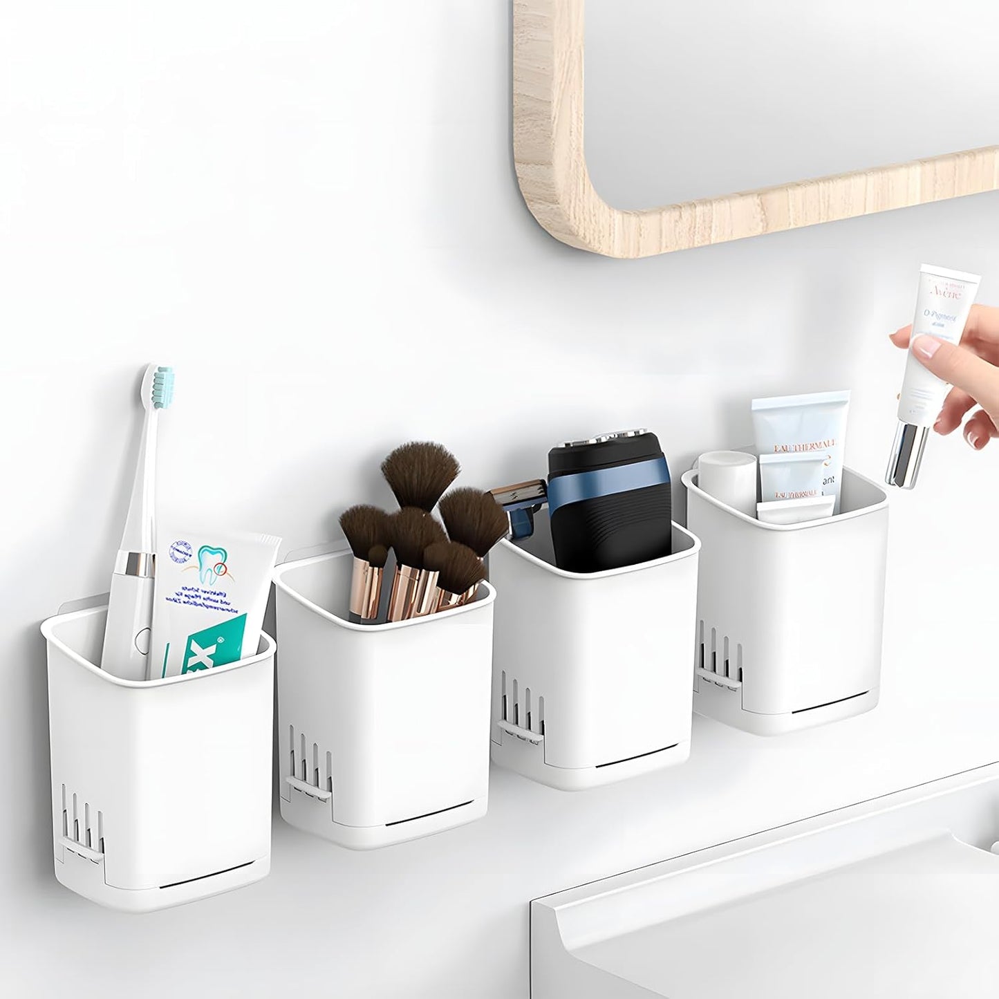 2 Packs Wall Mounted Toothbrush Holders, Self Adhesive Bathroom Toothbrush Wall Holder for Electric Toothbrush, Toothpaste, Razor,Shower Item (White-GlimoraGlow