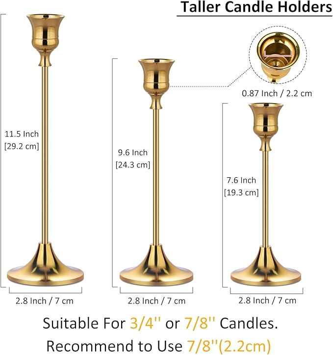 Metal Candle Holders for Candlesticks Taper Candlestick Holders Set Vintage Decorative Centerpiece Candelabra Tall Candle Stands for Halloween Thanksgiving Christmas (Gold, 4 Sets (12 pcs))
