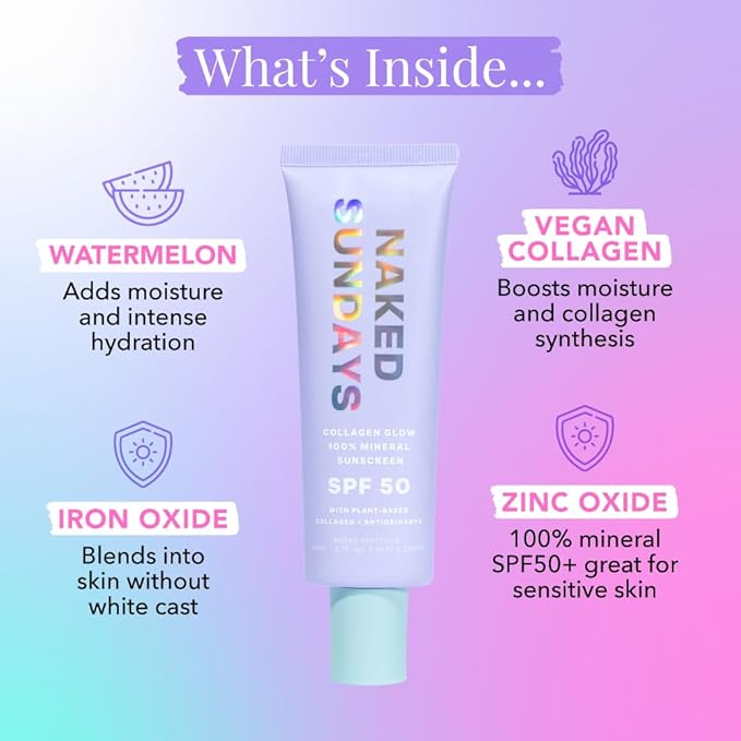 Naked Sundays SPF 50 Mineral Glow Sunscreen, Daily Hydrating Facial Moisturizer & Primer with Zinc Oxide, Sheer Tint, Broad Spectrum SPF Lotion (Jumbo 80ml)-GlimoraGlow