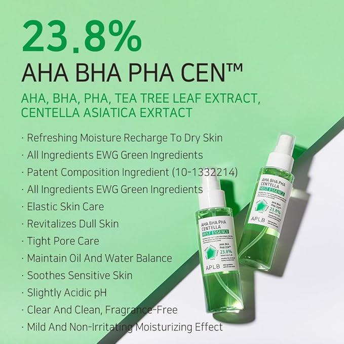 APLB AHA BHA PHA Centella Mist Essence | AHA BHA PHA CEN™ 23.8% 3.55 FL.OZ/Korean Skincare, Exfoliant, Replenishing Moisture, Revitalize for Gentle and Improve Skin Texture-GlimoraGlow